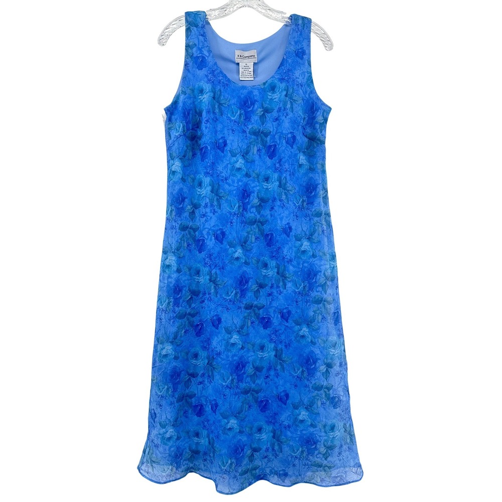 Y2K VTG Blue Floral Chiffon Sleeveless Midi Dress Women Sz Whimsy Fairy Feminine